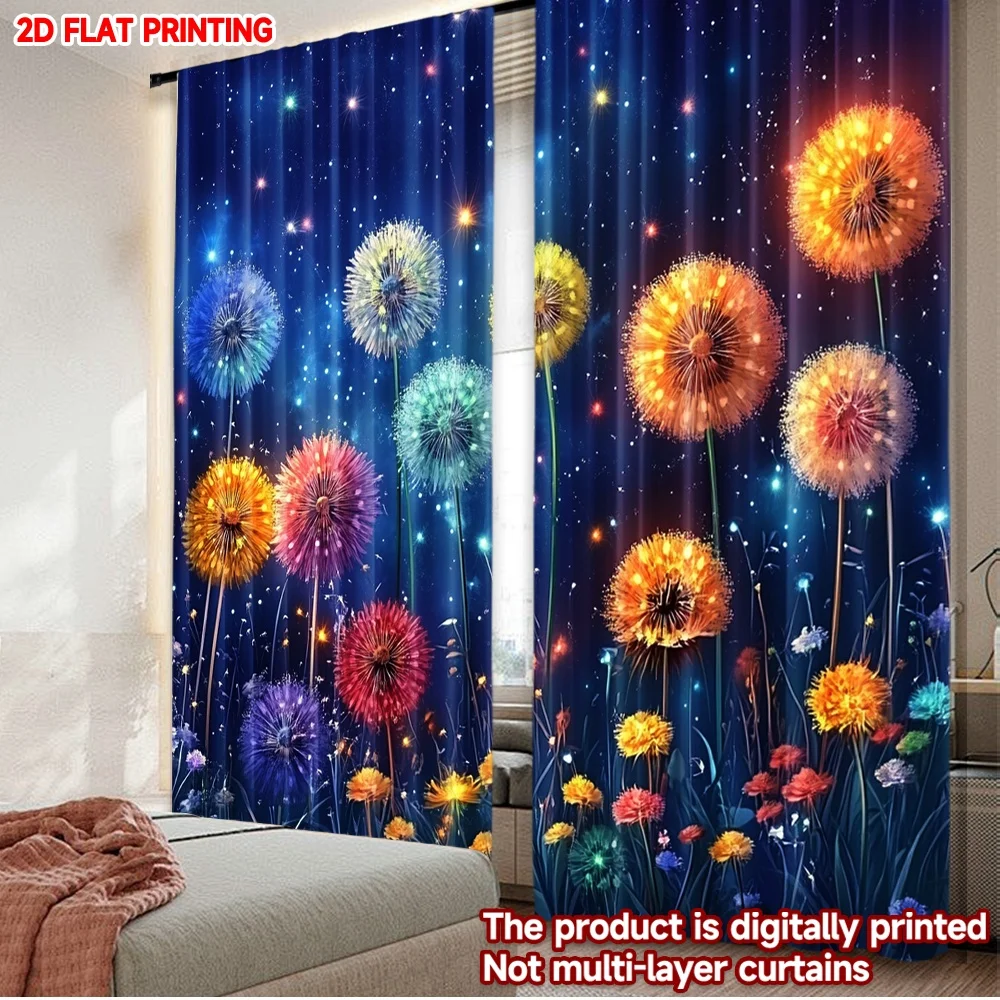 2D flat printing 2pcs Curtain Drapes Vibrant Cosmic Dandelions Digital Printed Polyester Drapes Family Party Use for New Year