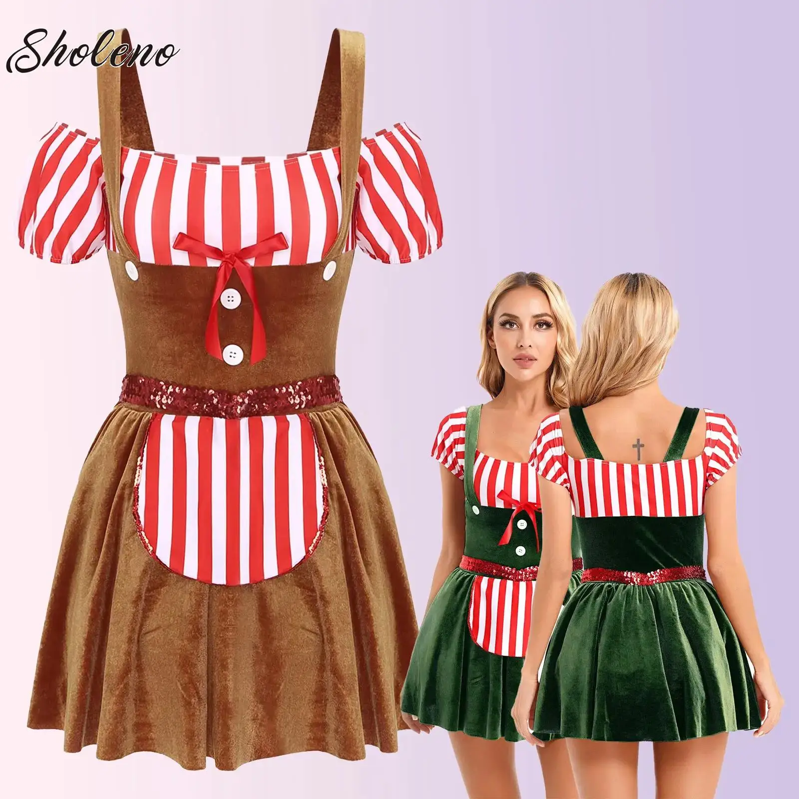 

Women Christmas Gingerbread Man Costume Gingerbread Party Dress Candy Cane Christmas Costume Cookie Roleplay Dress Up Dance Wear