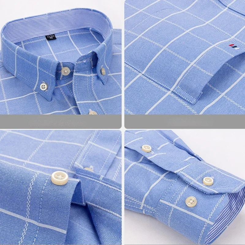 100% Cotton Oxford White Casual Shirts for Men Long Sleeve Buttons Plaid Shirt Striped Pocket Men Shirts Plus Size 7XL Camisas