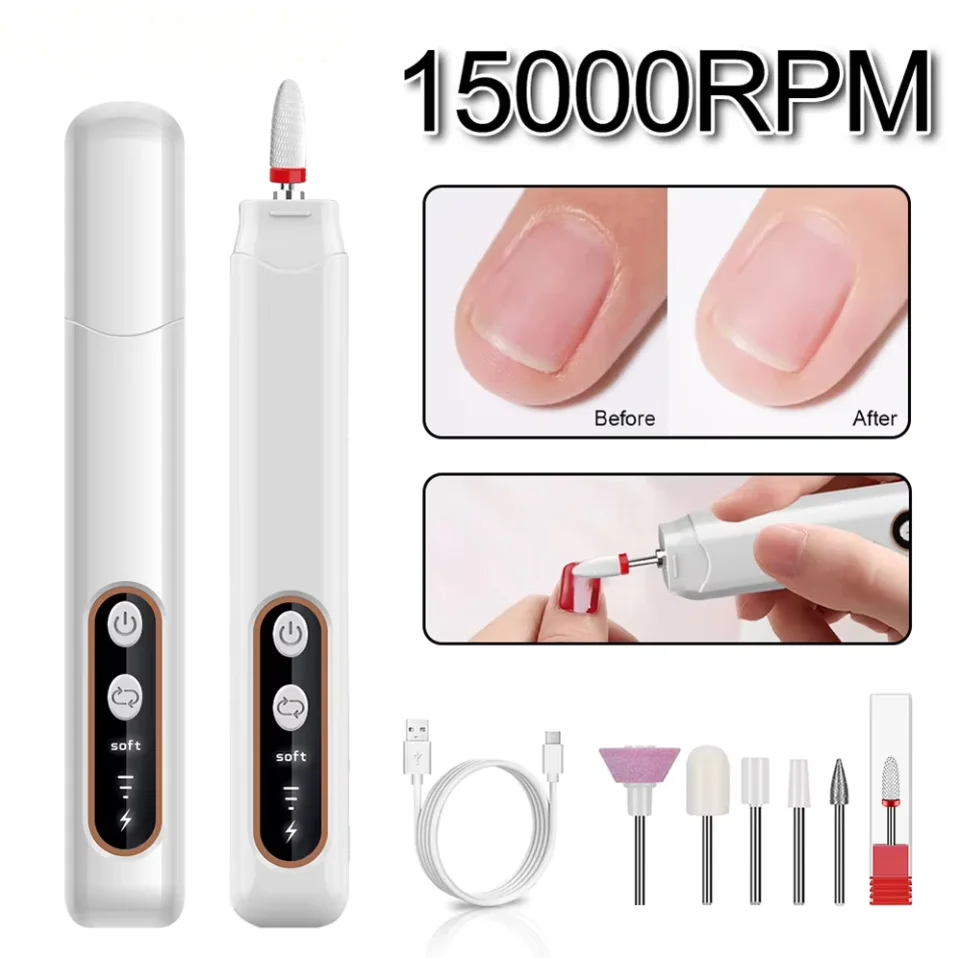 6 in 1 Electric Nail Drill 15000RPM with LED Light Polisher Drill Bits Professional Nails Grinding Polishing Dead Skin Removal