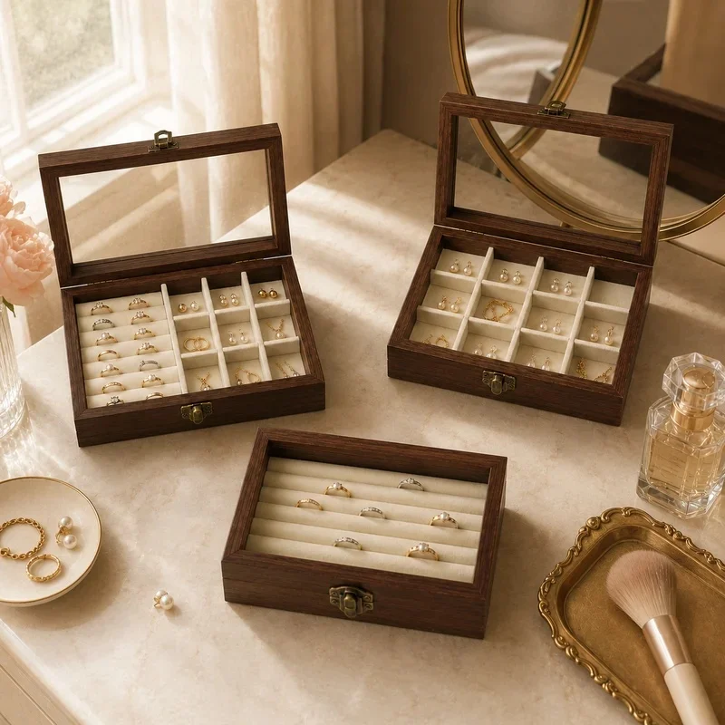 Bedroom Desktop Walnut Pattern Velvet Jewelry Organizer, Korean Hard Jewelry Storage Box for Necklace Earring Ring view 2