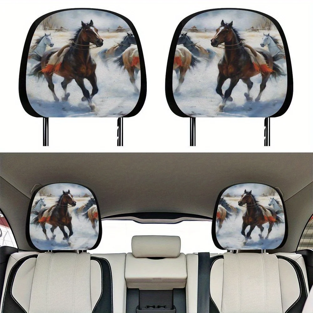 2pcs Car Seat Headrest Covers With Galloping Horses Print - Stretchable Polyester Fabric, Non-Slip Elastic Bands, Fit For Front