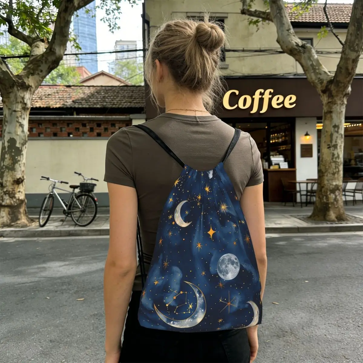 Moon Galaxy Pattern Backpacks Fashion Drawstring Bundle Pocket Shoes Bag Book Bags for Travel Students