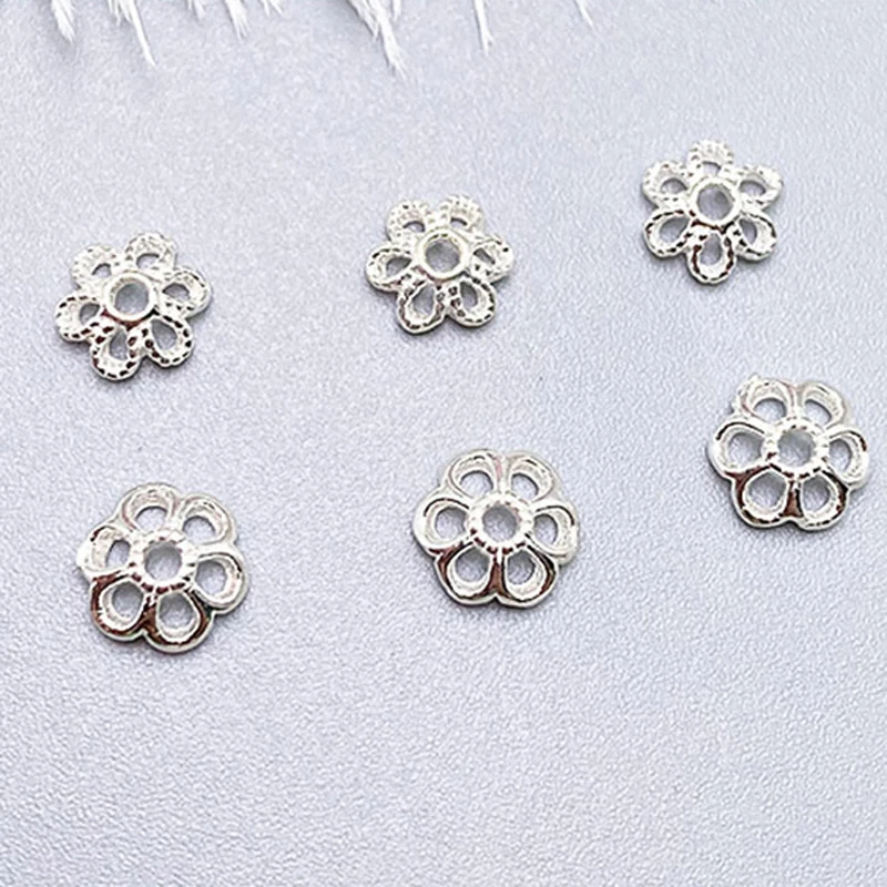 S925 Sterling Silver Hollow Flower Cap, Plain Silver Spacer, Eardrop Necklace, DIY Material, Acessórios de Jóias, 5-6mm, 10 Pcs