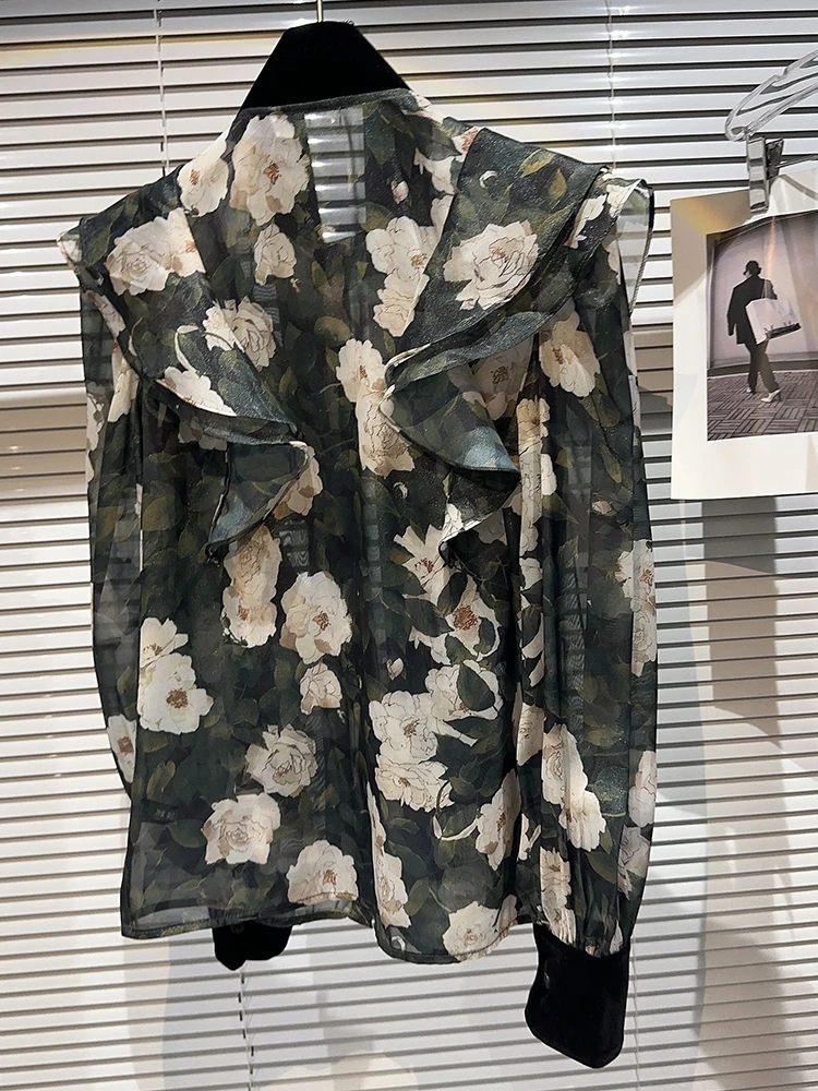 VGH Print Floral Sheer Casual Shirt For Women Round Neck Long Sleeve Patchwork Diamonds Minimalist Shirts Female Fashion Style