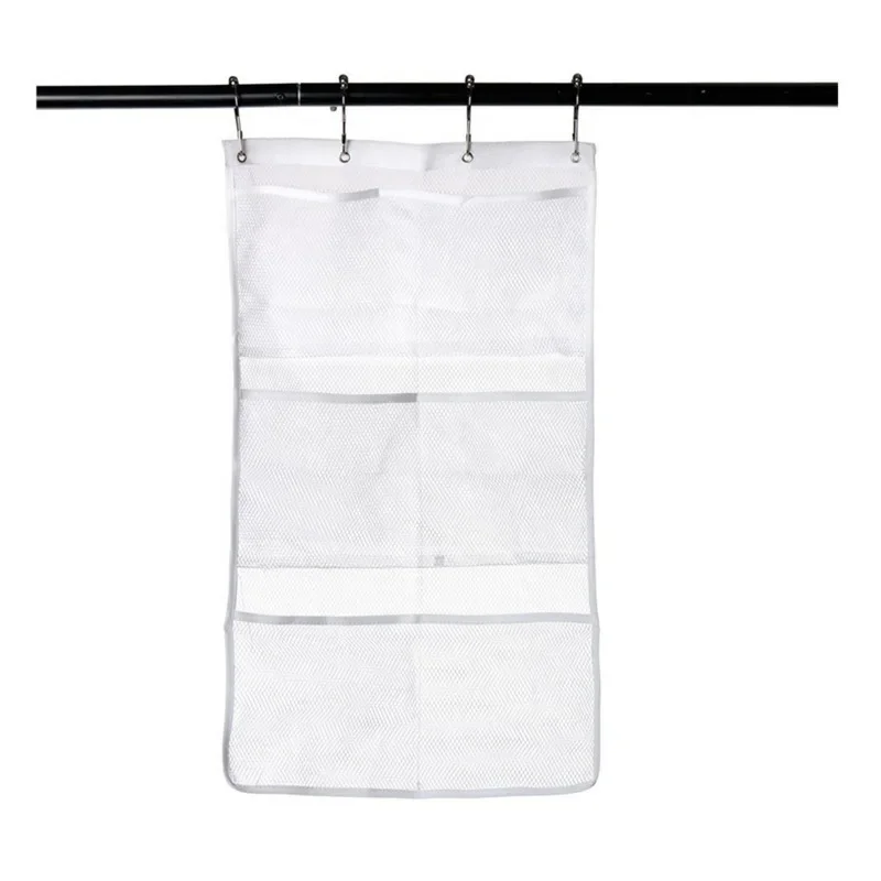 1 Set 6Packet Quick Dry Mesh Pockets Fabric Hanging Caddy and Bath Organizer Hang on Shower Curtain Rod/Liner Hooks with 4 Rings