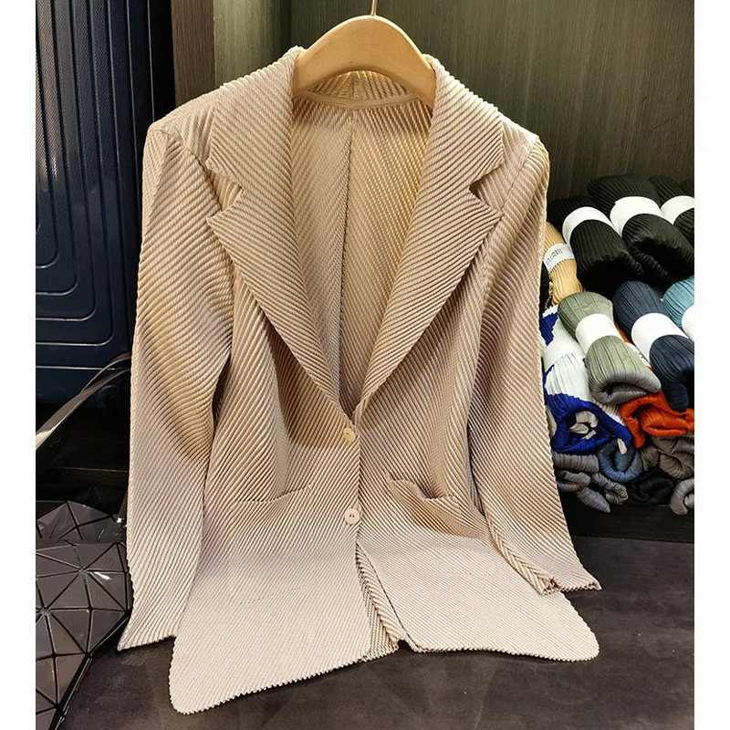 Miyake Pleated Autumn New Simple Solid Color Dragon Scale Pleated Suit Jacket Commuter Two-button Long-sleeved Cardigan Female