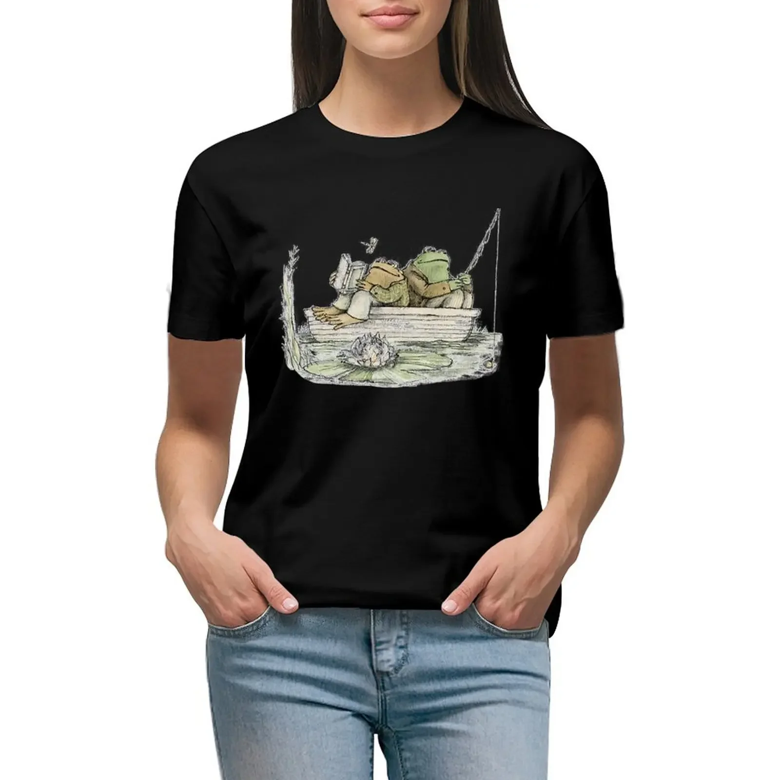 

Frog and Toad Fishing T-Shirt quick drying animal prinfor new edition kawaii clothes cropped t shirts for Women