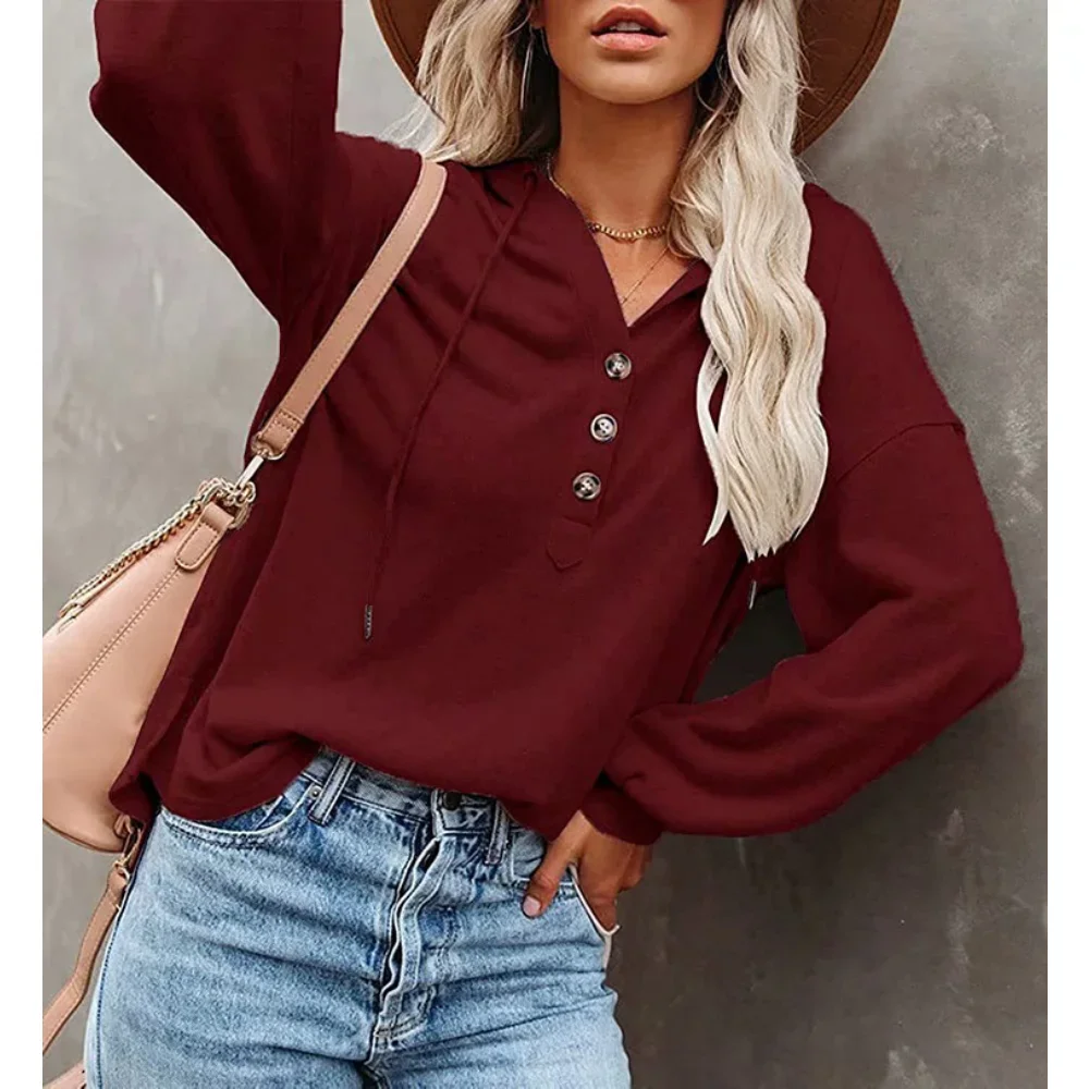 Autumn New V-Neck Long Sleeve Loose Casual Women\'s Hoodie with Drawstring Sports Sweatshirt Comfortable Leisure Women\'s Top