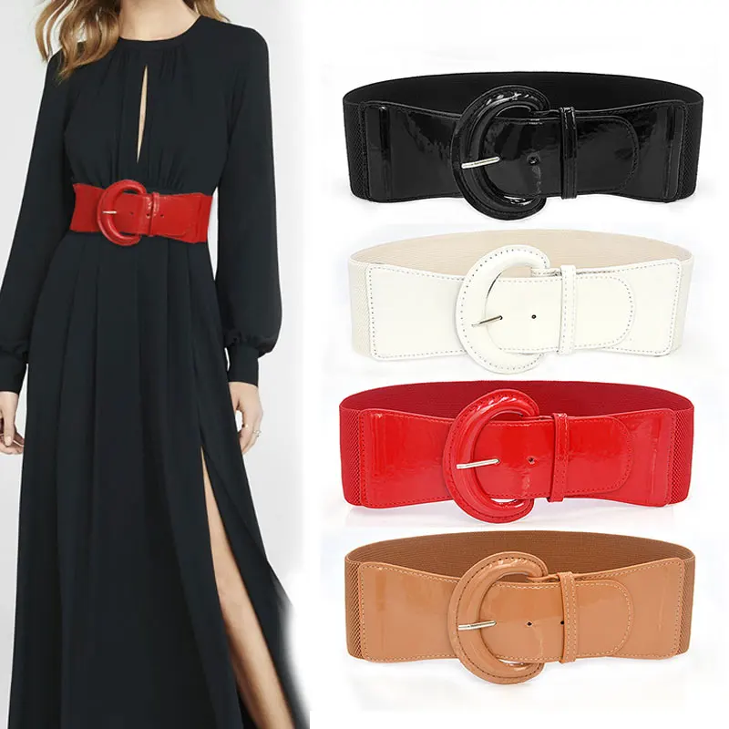 

Elastic Wide Waistband Belt Plus Size Waistband Corset Belt PU Patent Leather Punk Dress Elastic Cummerbunds Pin Buckle