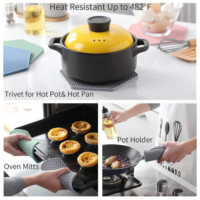 Silicone Pot Holders and Trivet mats Heat Resistant to 440°F to protect your table and countertop Non-Slip Kitchen Hot Pads