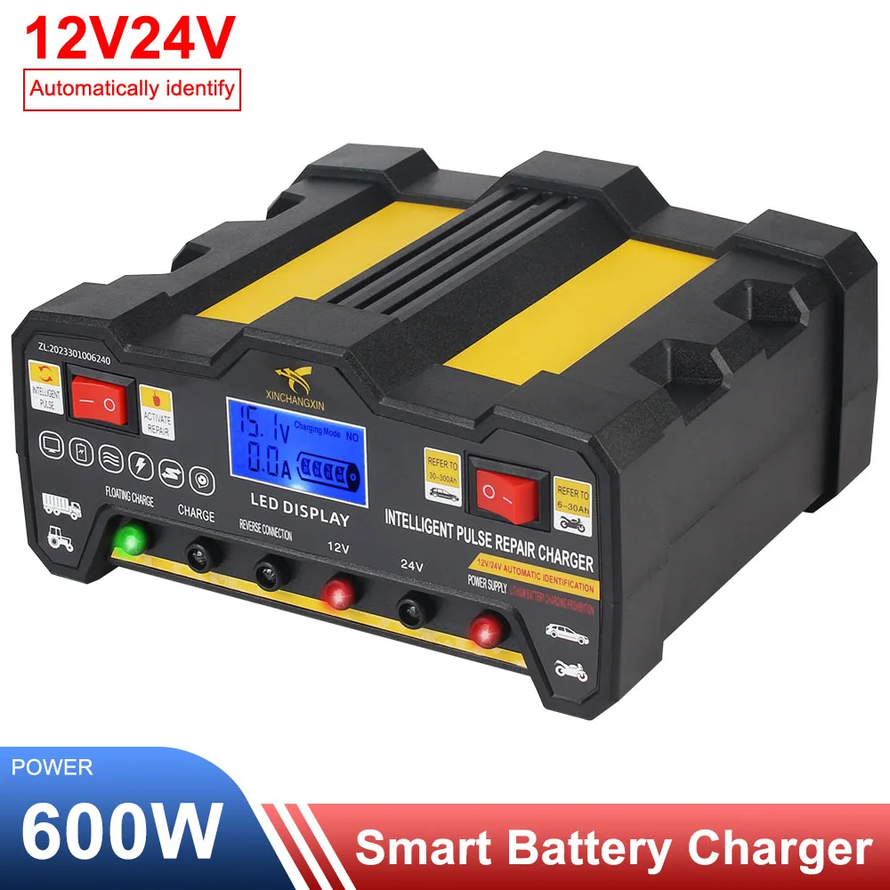 For Wet Dry Lead Acid Full Automatic Car Battery Charger Intelligent Pulse Repair Battery Charger 300AH 220W LCD Display EU Plug