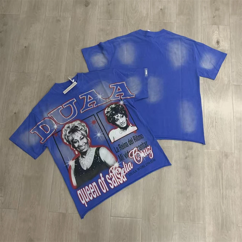 

Washed Blue DUAA Tie-dyed Tee Short Sleeved Broken Hole Inlaid With Diamonds T-shirt Men Women Best Quality T Shirt Tops