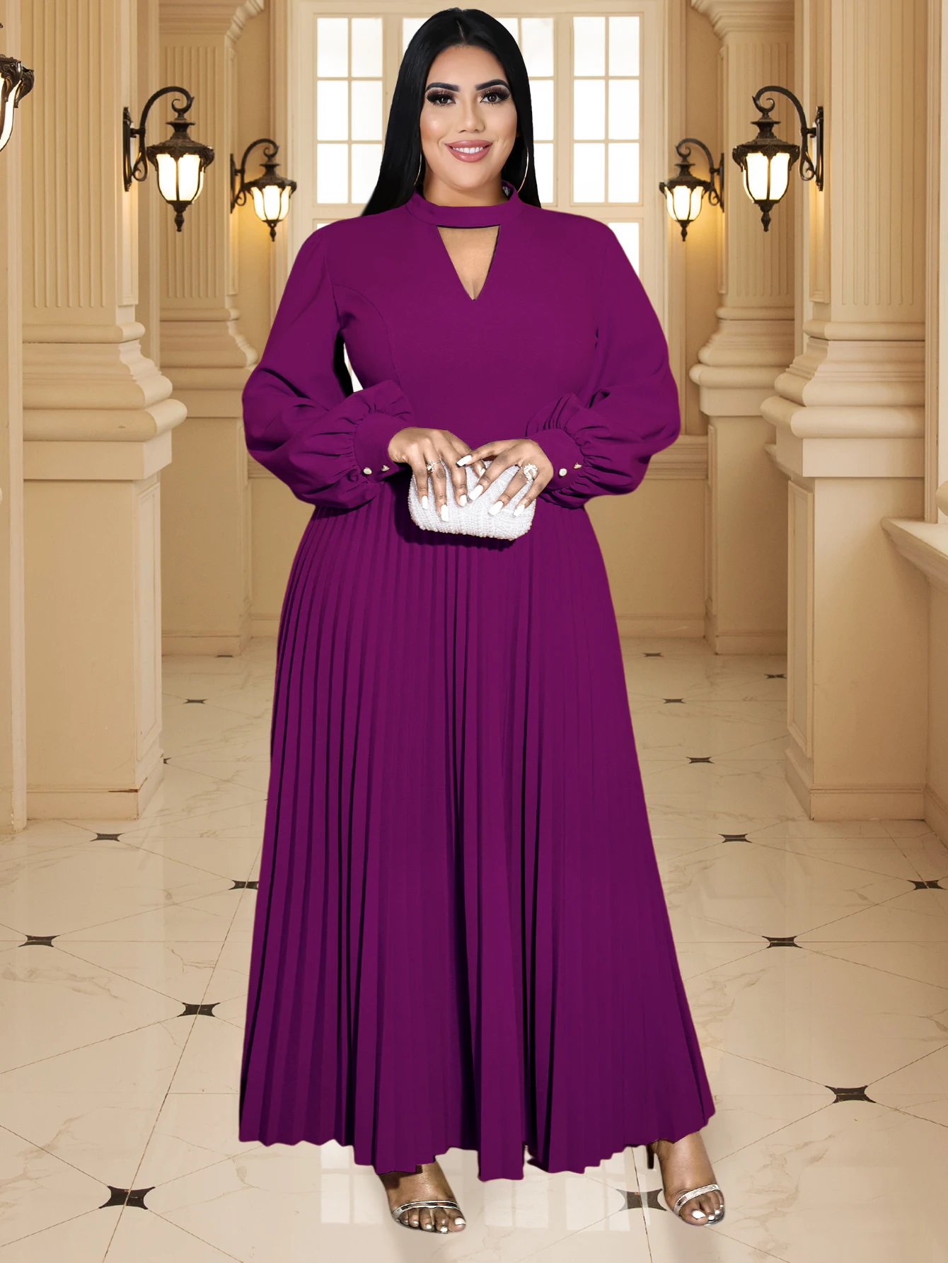 Women Pleated Evening Party Dress O Neck Cut Out Chest Long Lantern Sleeve Elegant A-Line Celebrate Church Event Gowns Plus Size