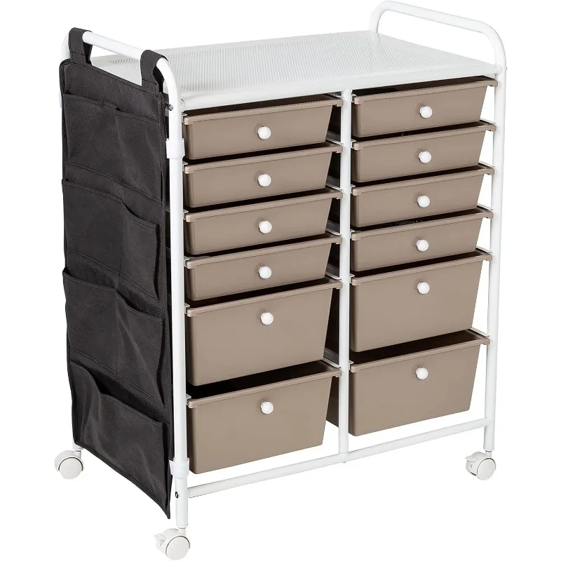 Honey Can Do 12-Drawer Metal Rolling Storage Cart with Side Pockets CRT-09104 White