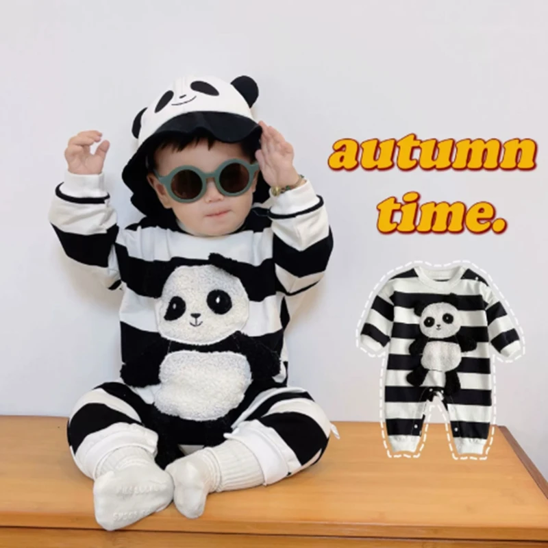 New Spring Autumn Newborn Baby Boys Rompers + Hat Cartoon Panda Print Striped Girls Long Sleeve Clothes Cotton Infant Jumpsuits