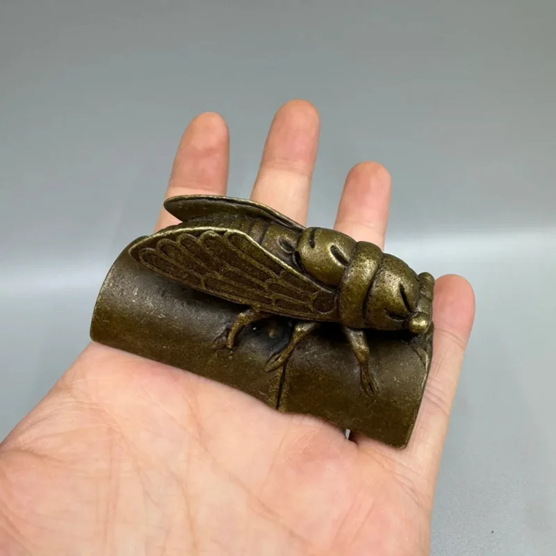 

Feng Shui cicada brass statue on bamboo protect good lu painting calligraphy true value exquisite