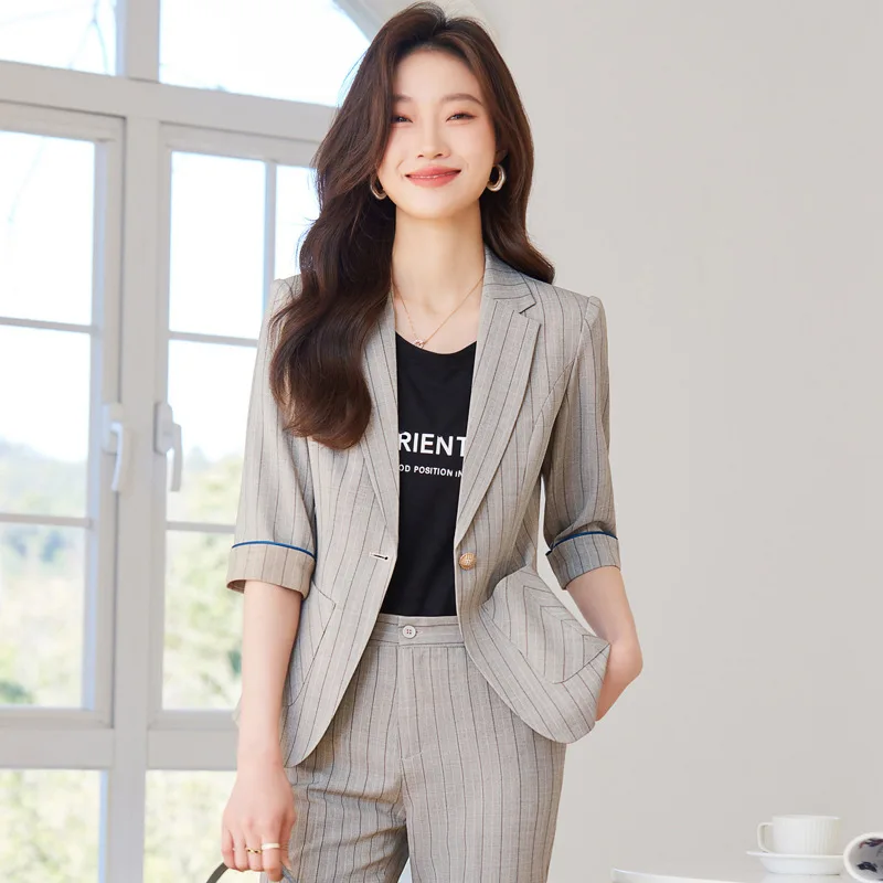 

2024Spring, Summer and Autumn New Striped Three-Quarter Sleeve Small Suit Collar Jacket Women's Pants Professional Casual Two-Pi