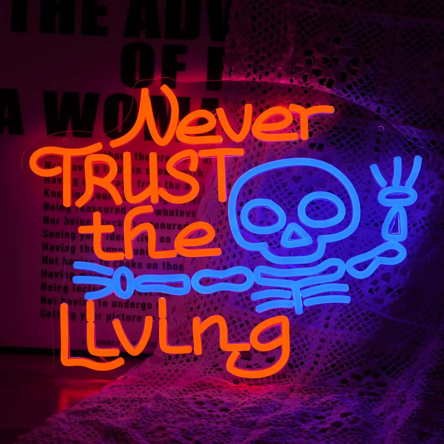 Never Trust The Living Neon Sign USB Dimmable LED Lights For Halloween Party Spooky Home Chamber Horror Theme Wall Art Decor