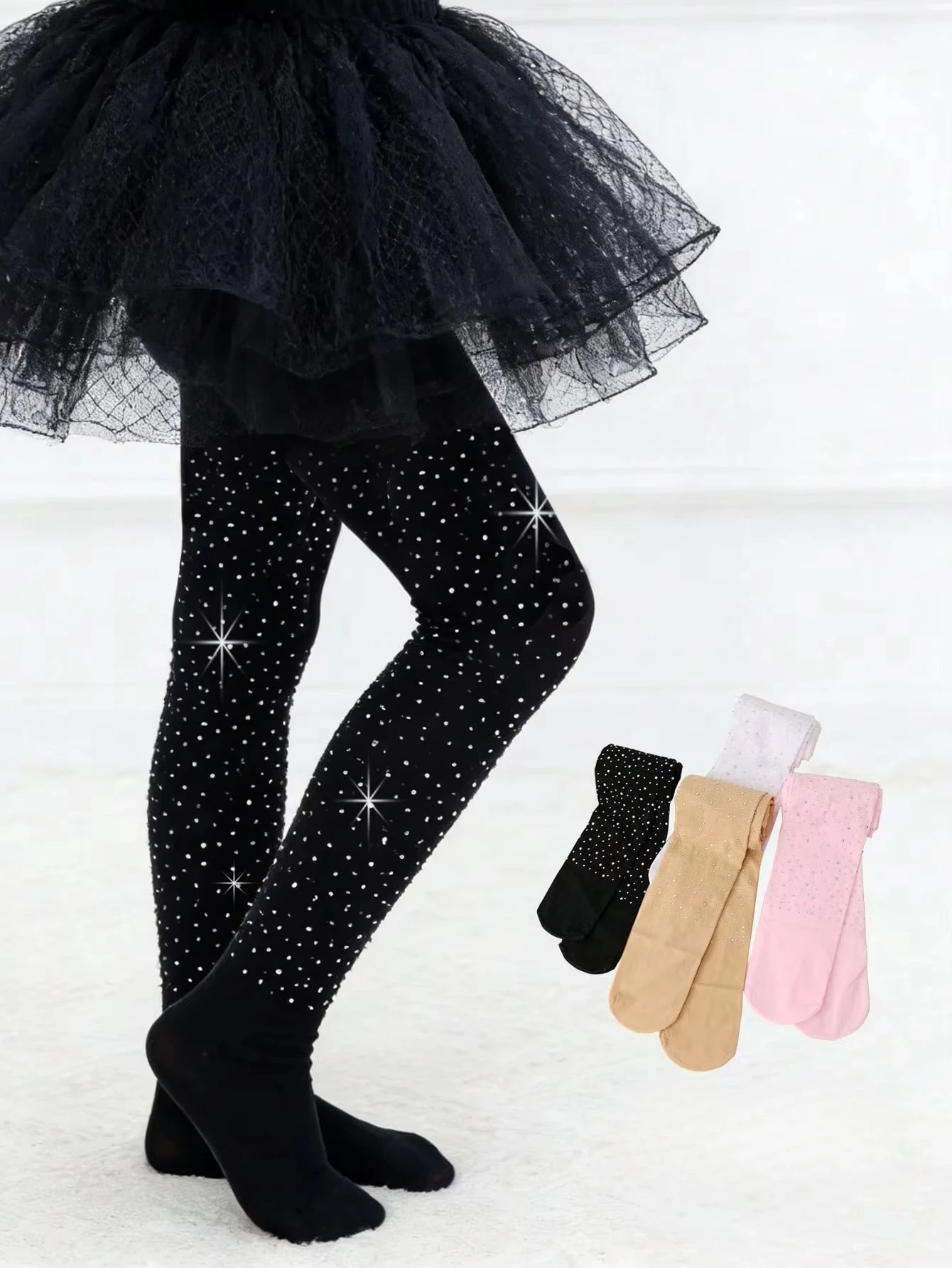 Kid Girl Shiny Rhinestone Tights Nylon Spandex Elastic Breathable Solid Color Ballet Dance Pantyhose Princess Party