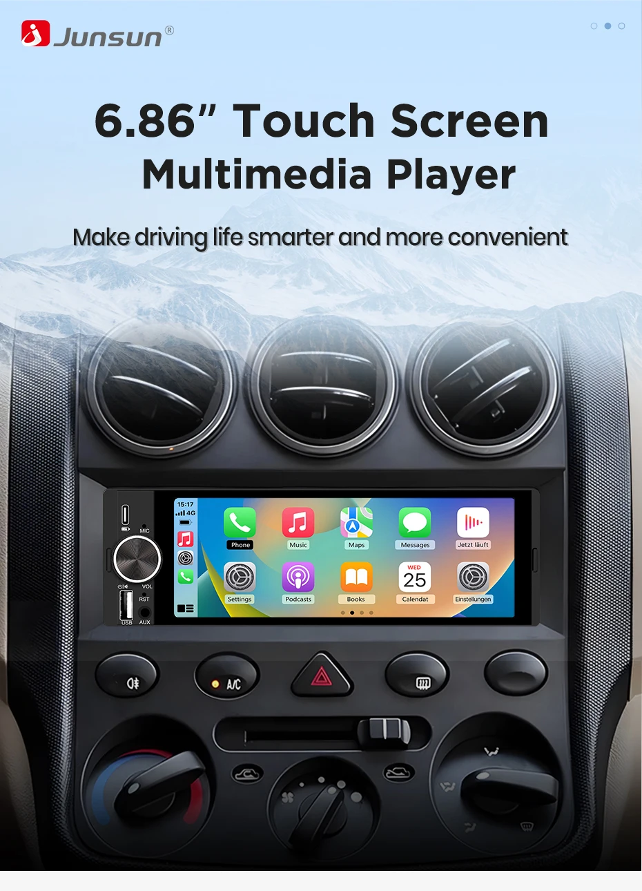Junsun 6,86" Kabelloses Carplay Android Auto Universal 1 Din MP5 Autoradio 1280*600 IPS Touchscreen Stereo Zentrale – Detail 5