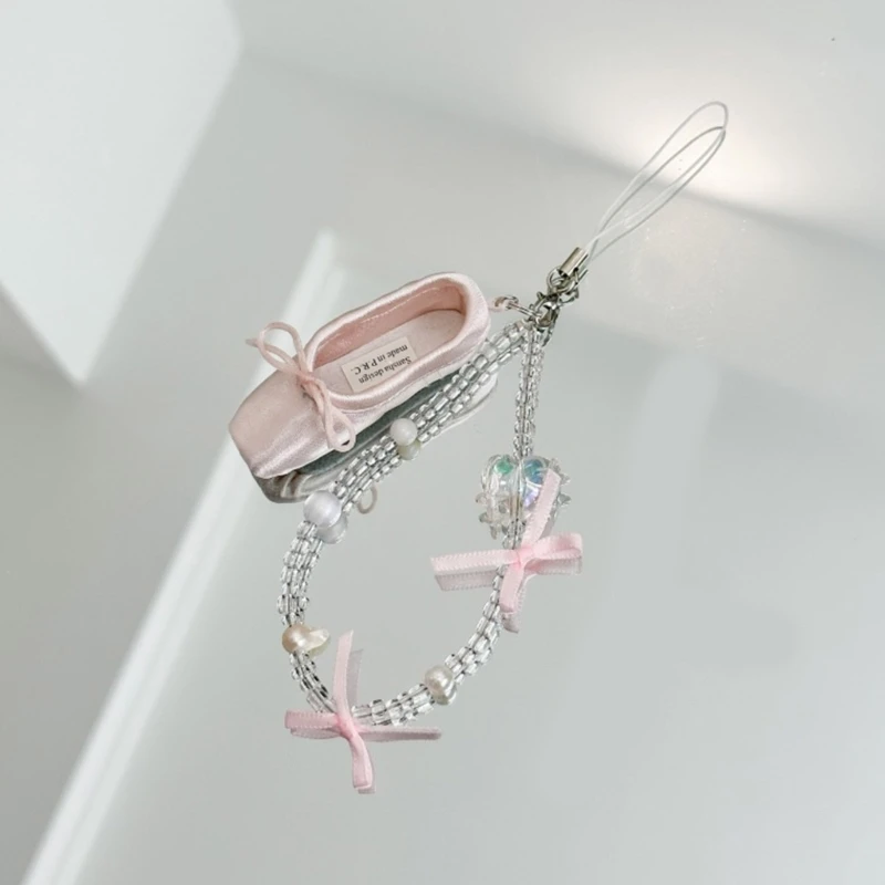 Women Sweet Bowknot Ballet Shoes Charm Phone Pendant Crystal Pearl Beaded Charm Keychain Lanyard Strap Bag Hanging Decoration