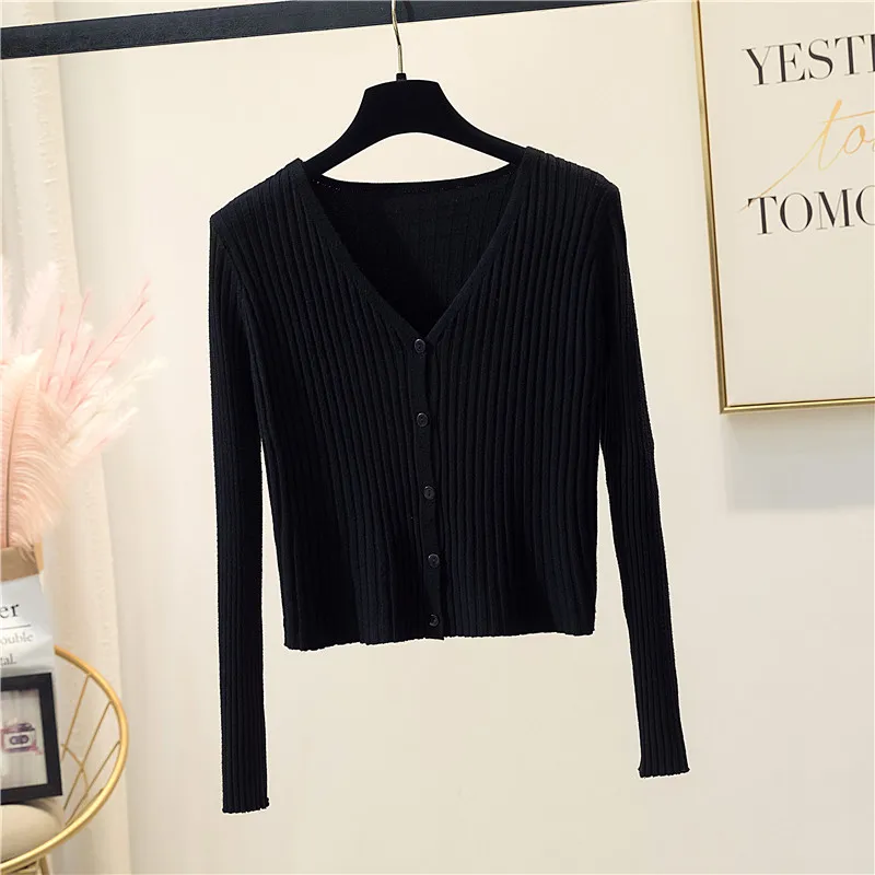 Spring Autumn V-neck Knitted Cardigan Sweater Women Long Sleeve High Waist Short Top Solid Slim Single Breasted Bottoming Shirt