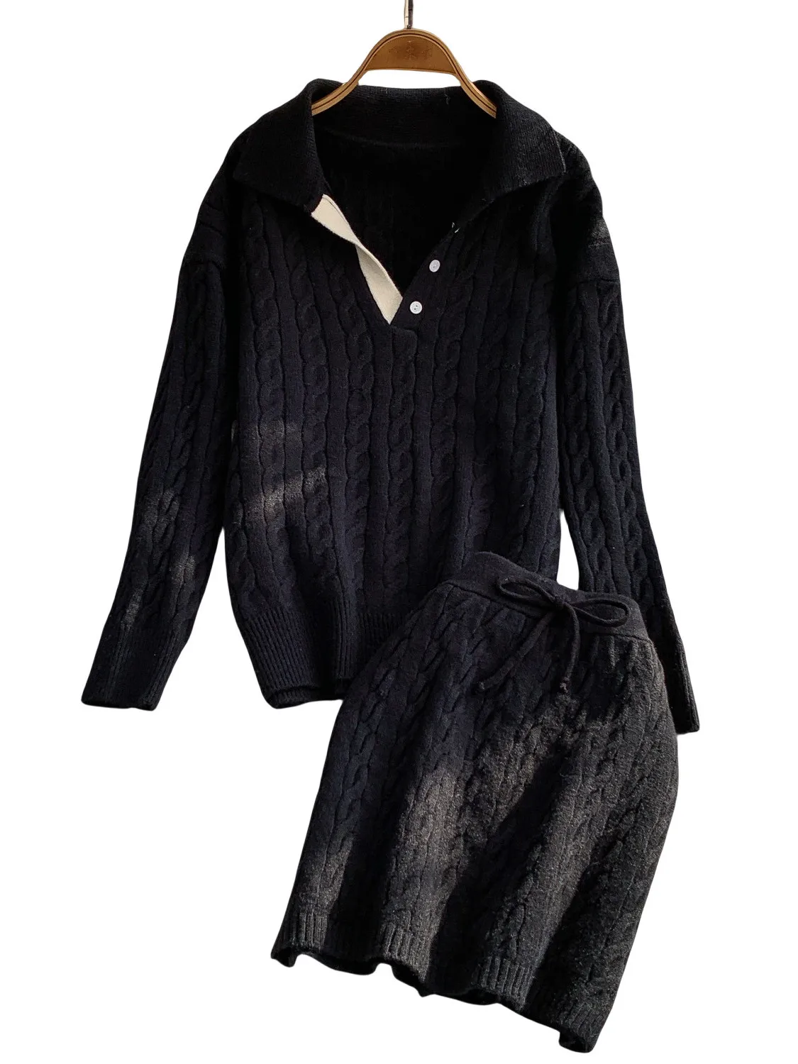 Autumn Winter Thiened Knitted Sweater Belted Slimming ort Skirt Two-Piece Set High Collar Twisted Design Faionable Ense...