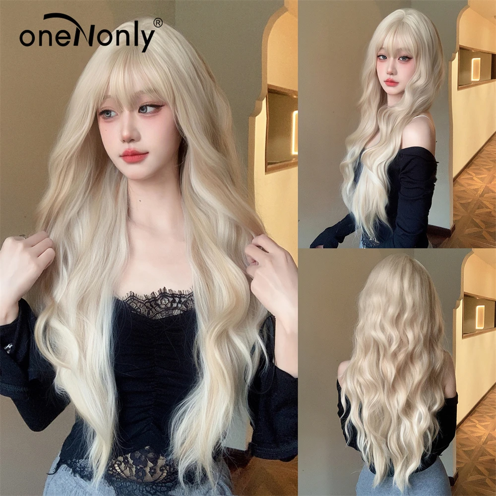 

Korean white gold wig, long curly hair with bangs, large wave simulation wig, synthetic wig, suitable for women's daily life