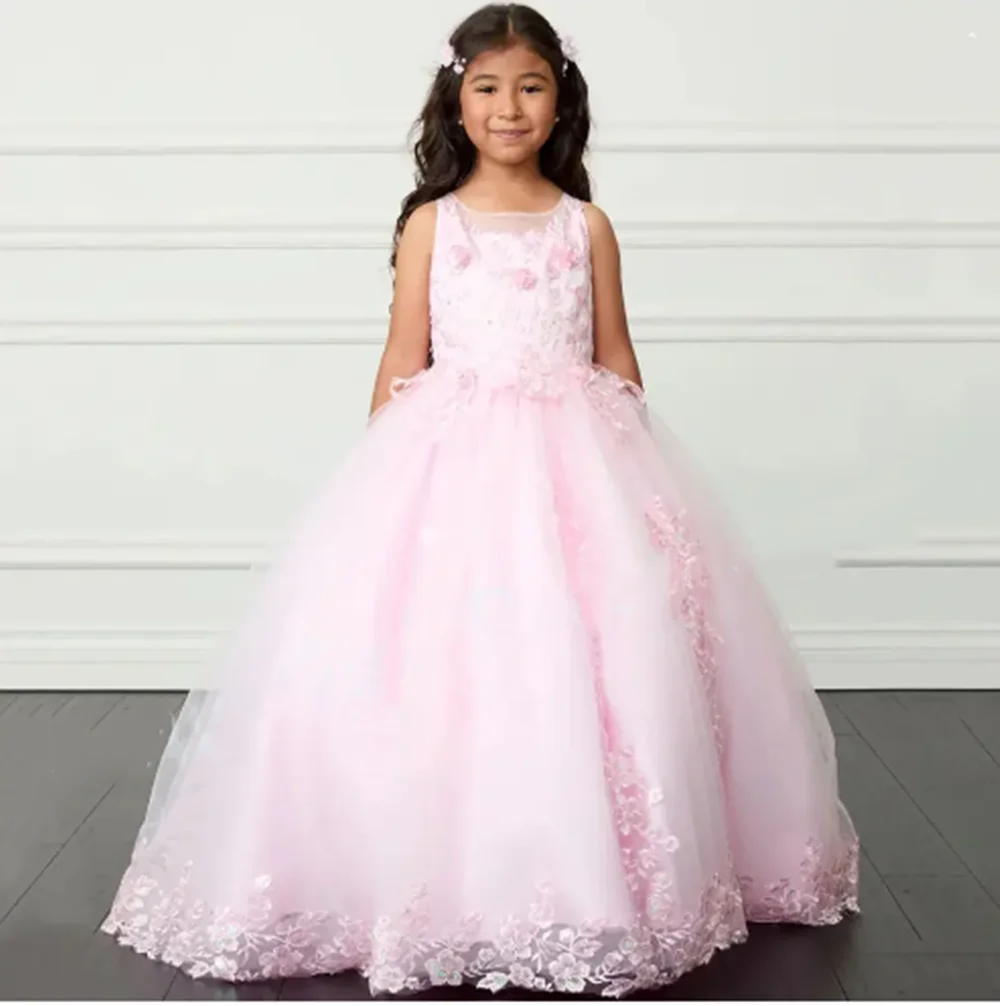 

Flower Girl Dresses For Wedding Appliques Sequins Tulle Floor Length Gorgeous Kids Birthday Party Prom Gown