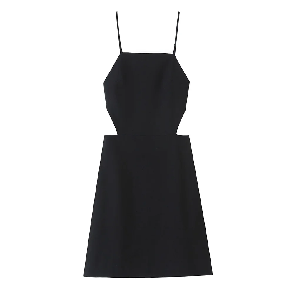 

PB&ZA 2025 Women's Black Spaghetti - Strap Square - Neck Mini Dress Cut - Out Detail for a Modern and Stylish Look