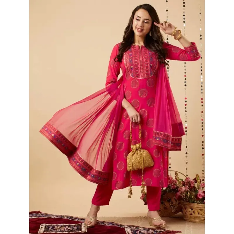 Women Cotton Blend Kurta Pant Dupatta Set Indian Wear Kurti