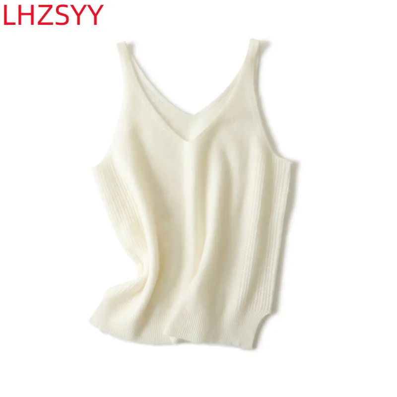 LHZSYY 100% Pure Cashmere Halter Vest Women\' V-Neck Inside Vest Four Seasons New Knit Sling Shirt High Quality Sleeveless Blouse