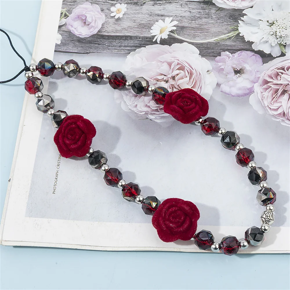 Wine Red Rose Flower Phone Chain Charm Resin Beads