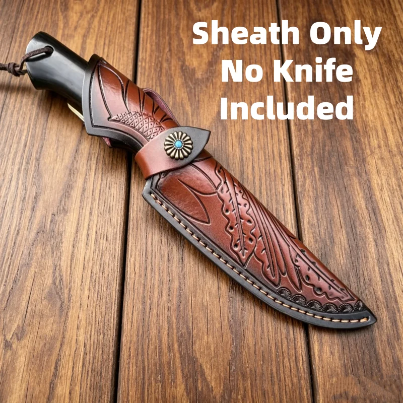 Hand Carved Leaf Pattern Split Cowhide Knife Sheath Waist Belt Carry Tool Scabbard Sheath Only No Knife Included