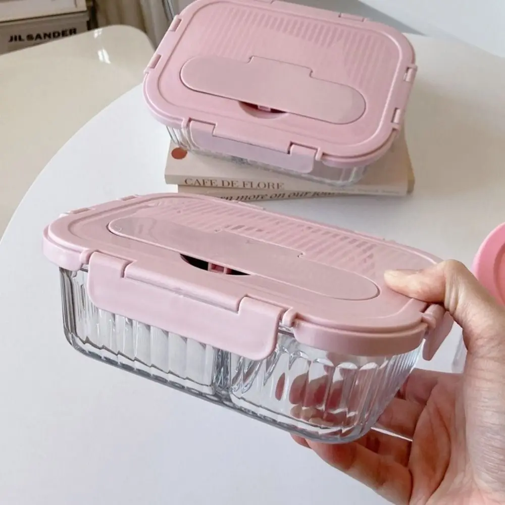 

2 Grids/Grids Glass Lunch Box Sealed Large Capacity Food Storage Container Leak-Proof Heat-Resistant Vertical Stripe Lunch Box