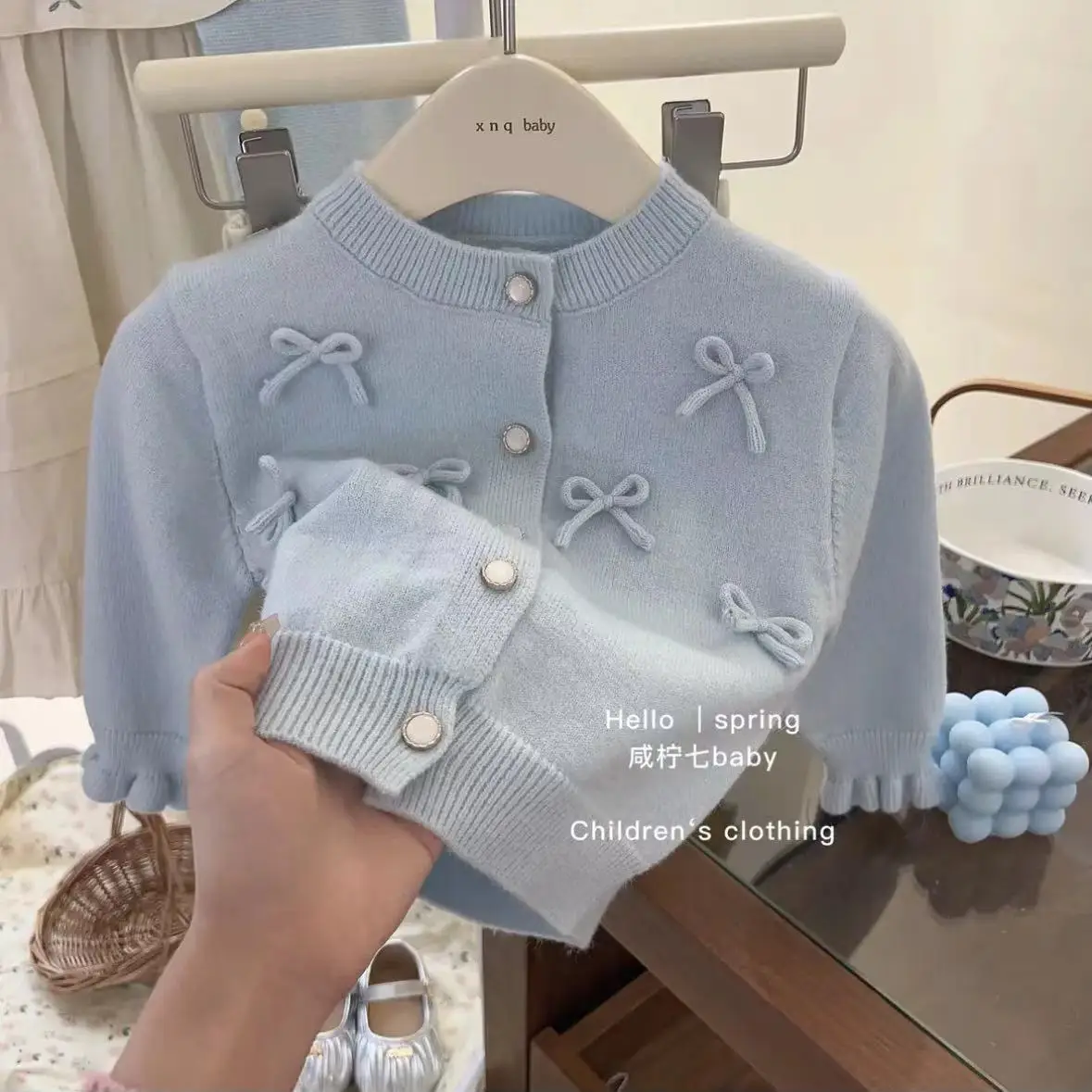 Korean Sweater 2024 Spring and Autumn Fashion New Girls Thin Bow Childrens Blue Knitted Cardigan Jacket