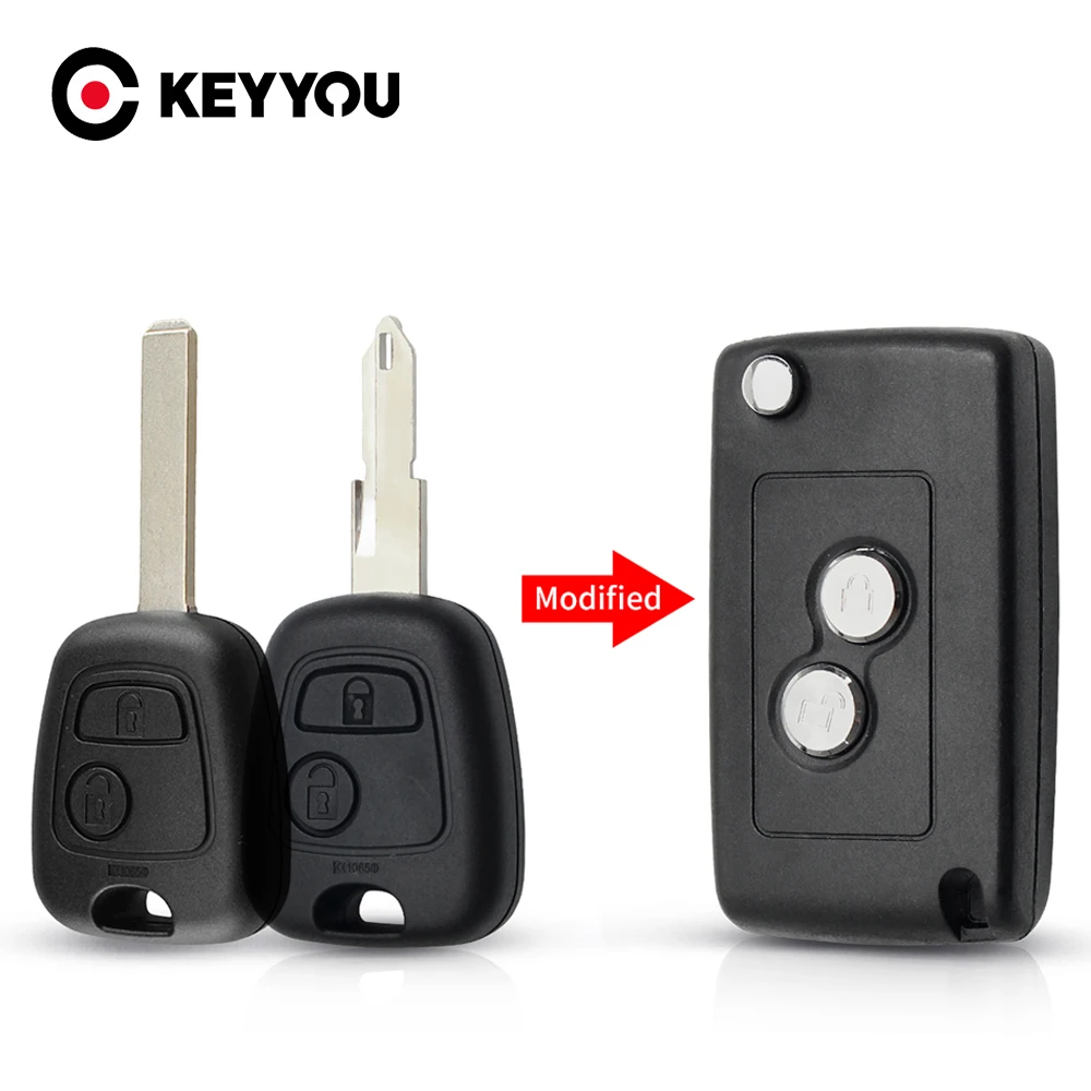 KEYYOU-carcasa para llave de coche, carcasa para mando a distancia, abatible, modificada, 2 botones, para Peugeot 206, 207, 307, Citroen C1, C2, C3, C4, Saxo, Picasso