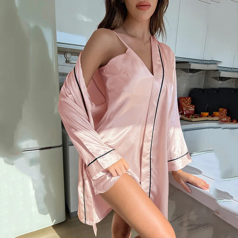 

2026 Summer New Strap Solid Color Satin Robe and Strap V-neck Simulated Silk Two Piece Set for Women