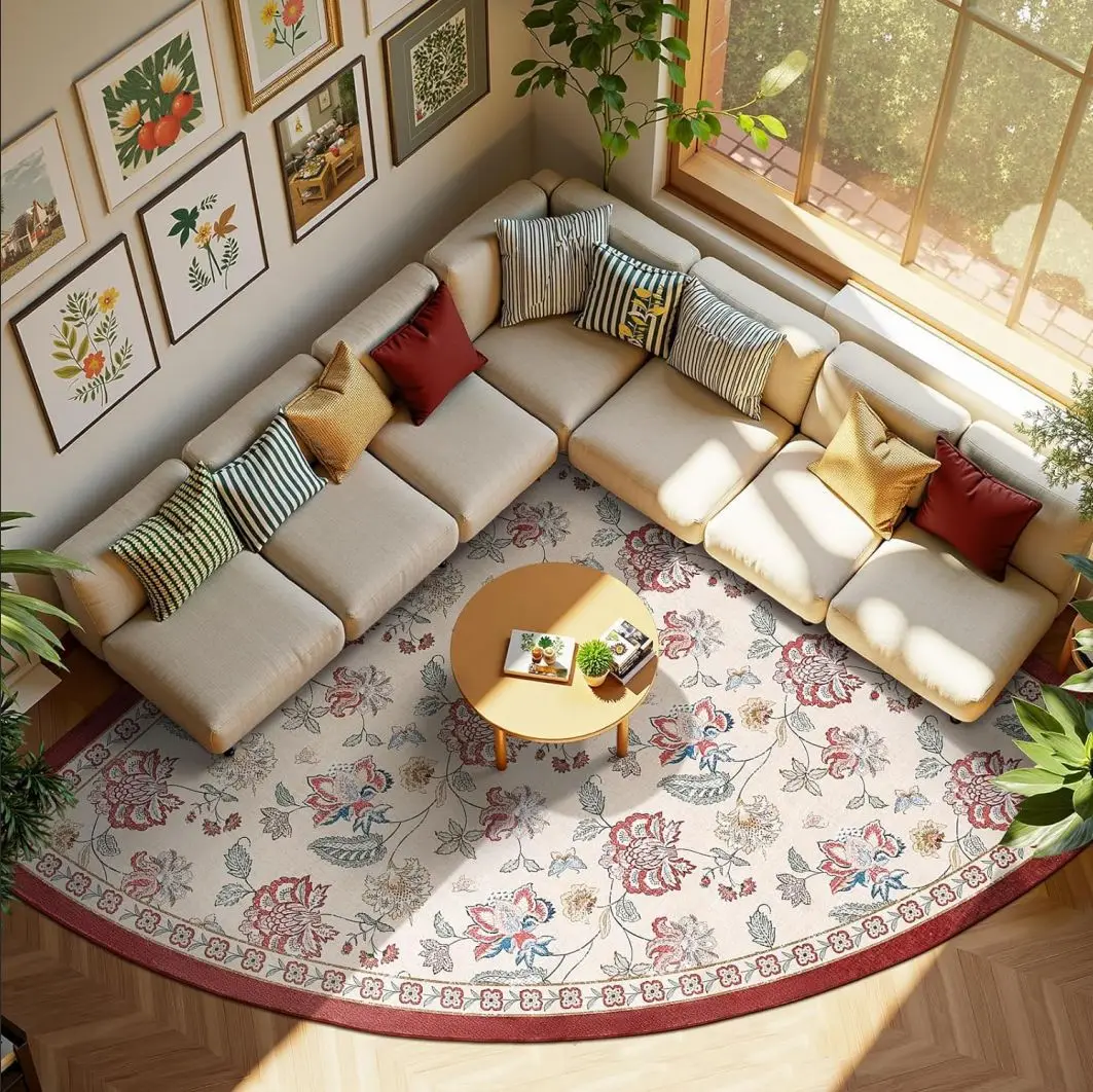 Retro Floral Area Rugs for Living Room Luxury Large Sofa Coffee Table Floor Mat Non-slip Quarter Circle Bedroom Carpet Ковер