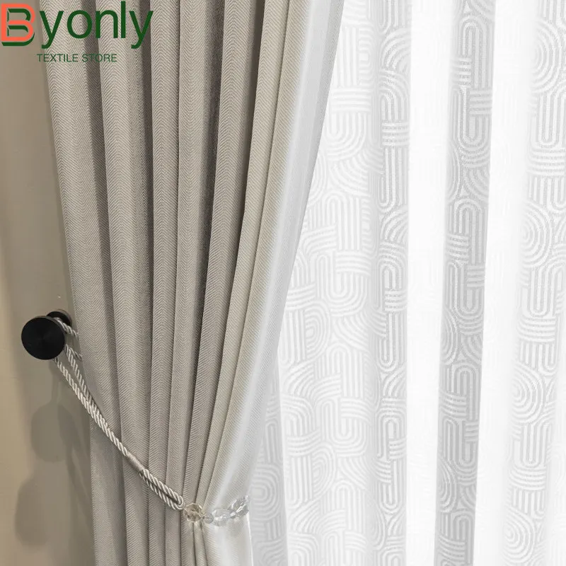 Herringbone Pattern Chenille Jacquard Stitching Thickened Curtains for Living Room Bedroom French Window Custom Window Screen