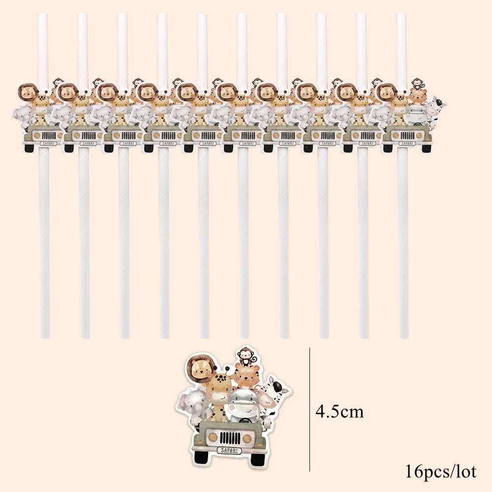 16 Stuks Karton Wild Dier Rietjes Eco Papier Rietjes Voor Kinderen Baby Douche Jungle Safari Gelukkige Verjaardag Feestdecoraties