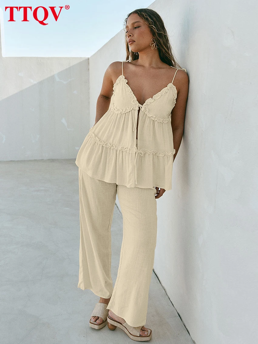 

TTQV Fashion Loose Khaki Cotton Women's Two Pieces Set 2026 Elegant Sleeveless Tank Top With High Waist Wide Pants Set Female