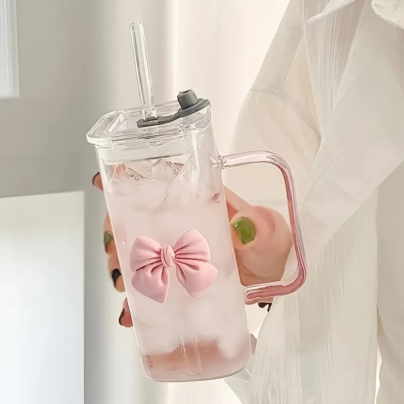 

6-Piece Square Bow Straw Cups Set, 14oz Heat-Resistant Borosilicate Glass, Cute Bow Design, Perfect for Coffee & Juice