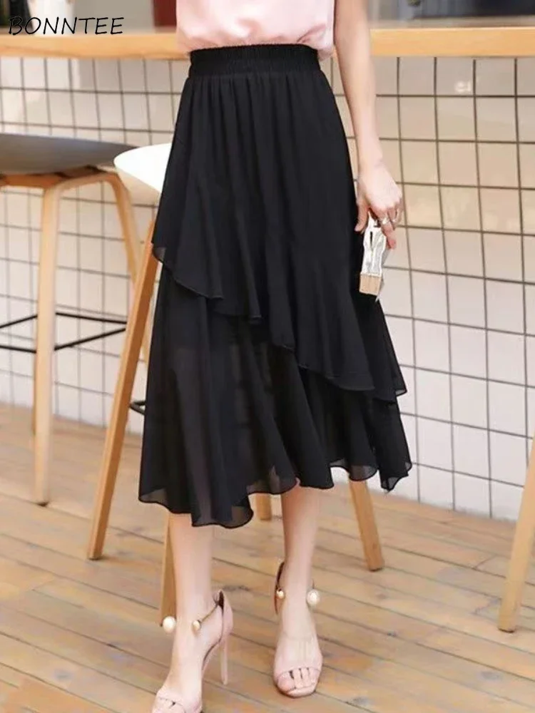 Black Chiffon Skirts Women Gentle Baggy Soft Irregular Design Faldas Temper High Waist Streetwear All-match Office Lady Popular