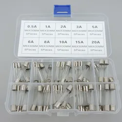 50Pc/box 6x30mm fast Blow Glass Tube mix Fuse Assorted Box mix Kits T 0.5A 1A, 2A, 3A, 5A, 6A, 8A, 10A, 15A, 20A 3cm 6x30 c1