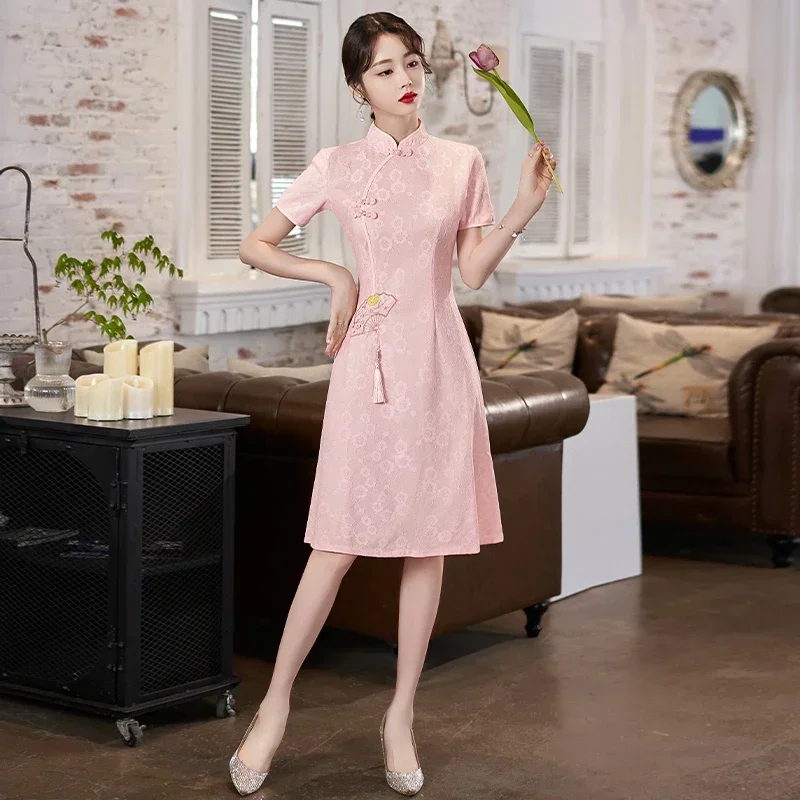 

Summer Women's Short Sleeve Modern Qipao Dress Traditional Chinese Style Pink Cheongsam New Year CNY