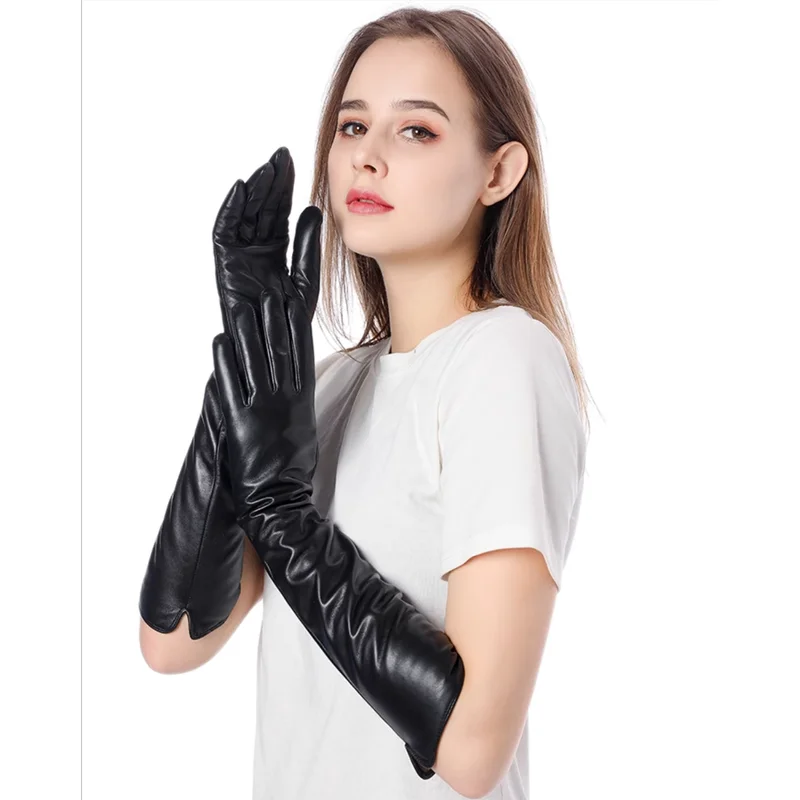45CM Genuine Leather Long Gloves Genuine Sheepskin Long Gloves Women\'s Winter Warm velvet Lined  Fashion