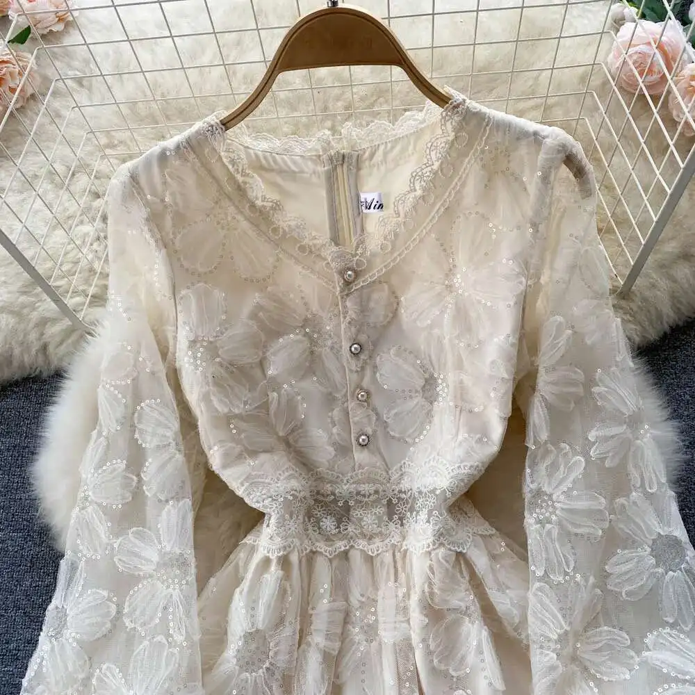 JAMERARY-Robe blanche en tulle brodé de fleurs pour femmes, robe de Rhde vacances, manches longues, perles évidées, robe midi sexy, piste éducative
