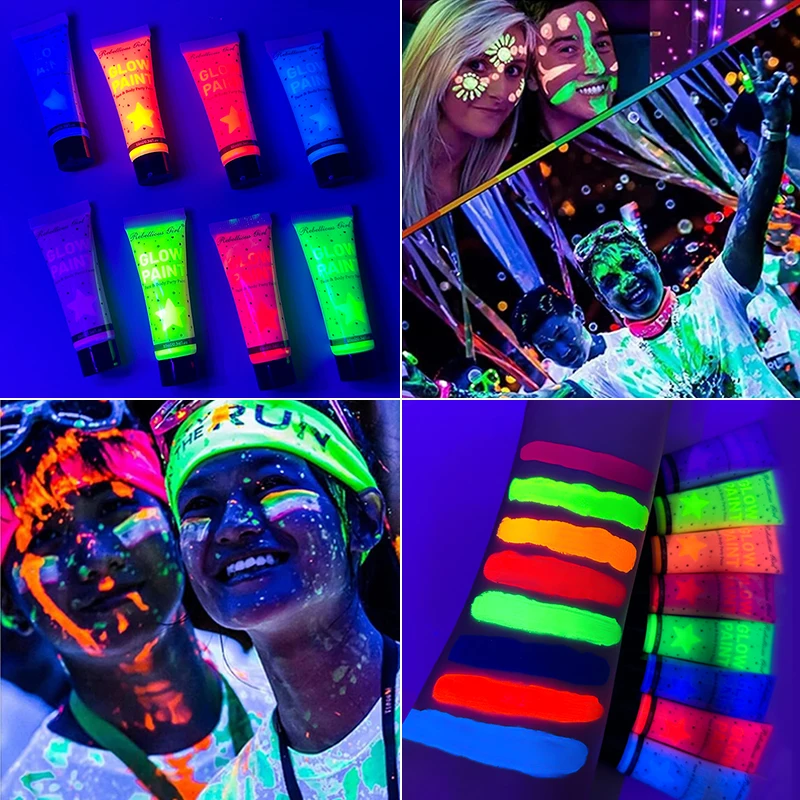 6pcs Set of 4pcs 10ml UV Glow Face & Body Paint,4 Stencil Stickers with Brush,Vibrant Glow Under Light Fluorescent Face Painting
